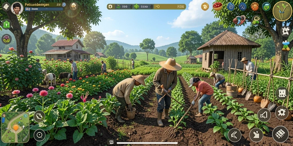 Tampilan gameplay F08 yang seru dengan kegiatan bertani yang menarik.