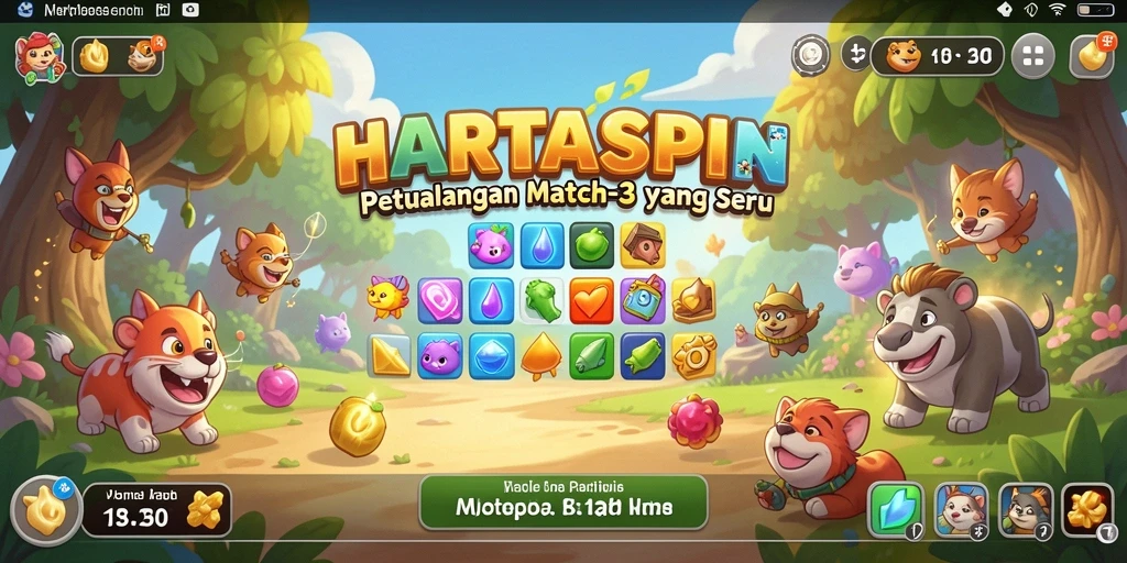 Screenshot dari gameplay HARTASPIN yang menampilkan aksi cocokan permata Match-3.