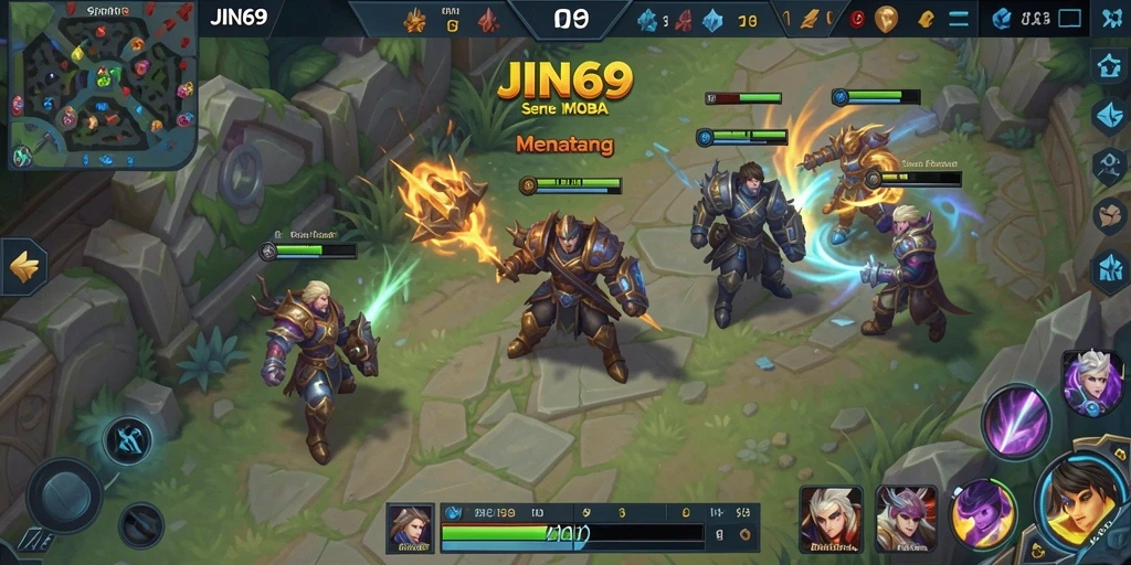 Screenshot utama JIN69 menampilkan pertarungan seru dalam gameplay MOBA.