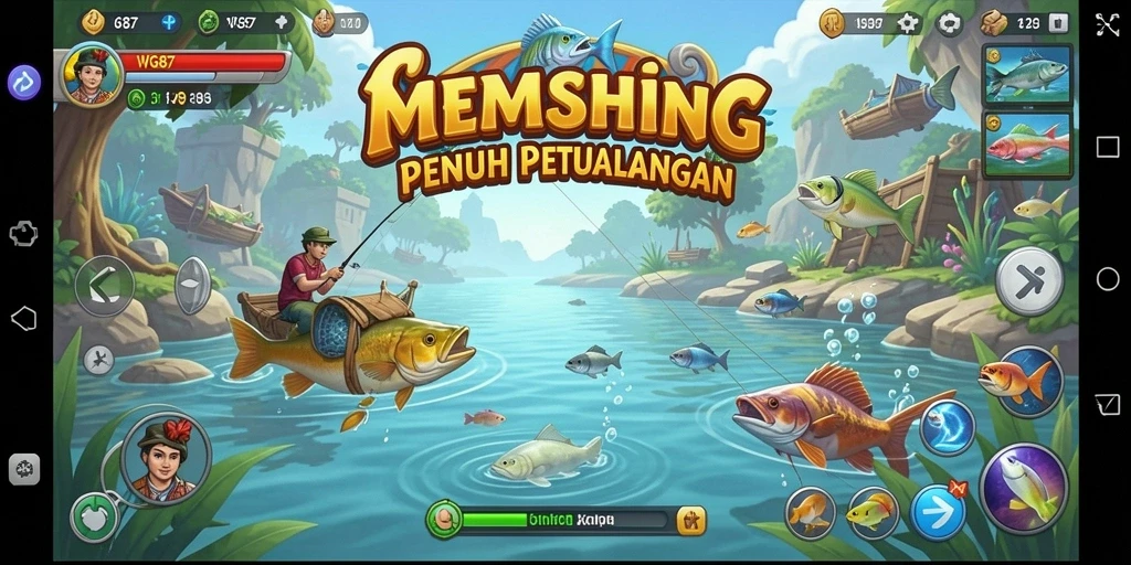 Tampilan gameplay WG87 yang menampilkan aksi memancing seru di alam terbuka.